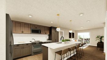 a kitchen with a large island and a stove top oven at Bella Rose Apartments, Hudson, WI, 54016